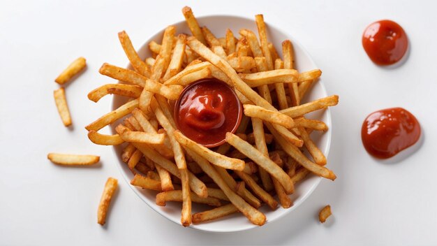 Imagem de alta qualidade de batatas fritas crocantes com um ketchup vermelho em um fundo limpo
