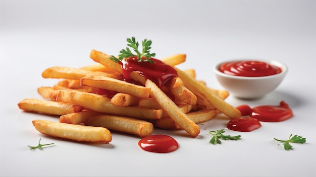 Imagem de alta qualidade de batatas fritas crocantes com um ketchup vermelho