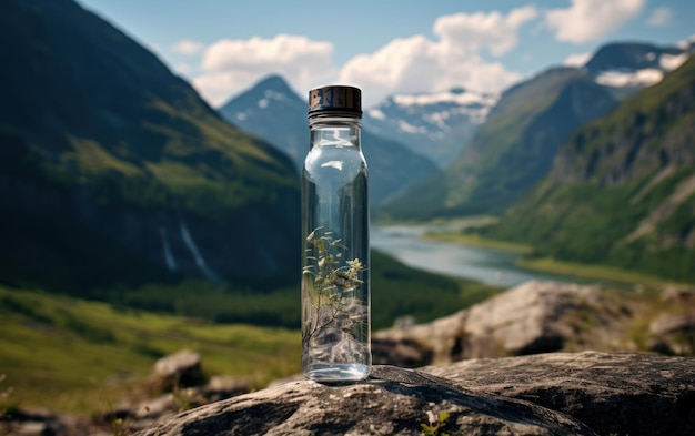 Imagem de alta qualidade de uma garrafa de água em uma superfície texturizada com montanhas
