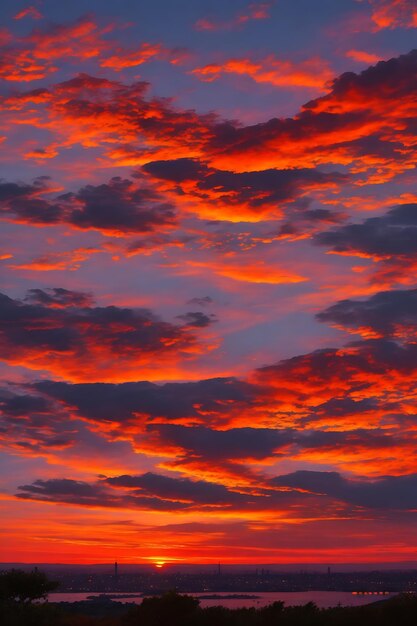 Imagem de alta qualidade Fonte de fundo cativante de uma dramática paisagem do céu ao pôr-do-sol criada usando gêneros de IA