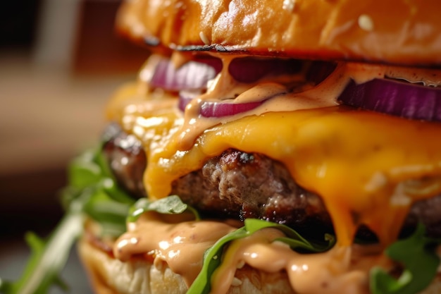 Foto imagem de alta resolução mostrando um suculento cheeseburger com coberturas frescas