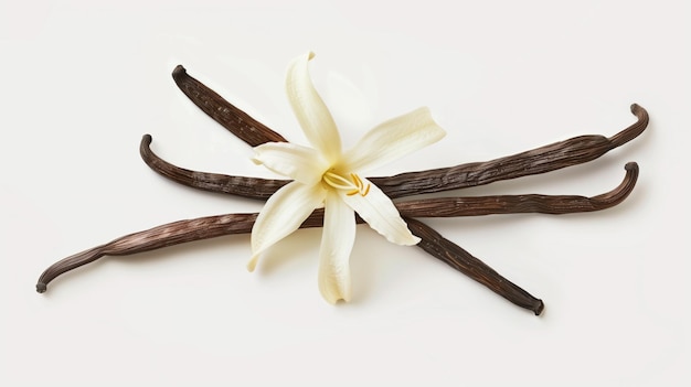 Imagem de alta resolução mostrando uma flor de baunilha branca cercada por vagens de baunília escuras em um fundo plano