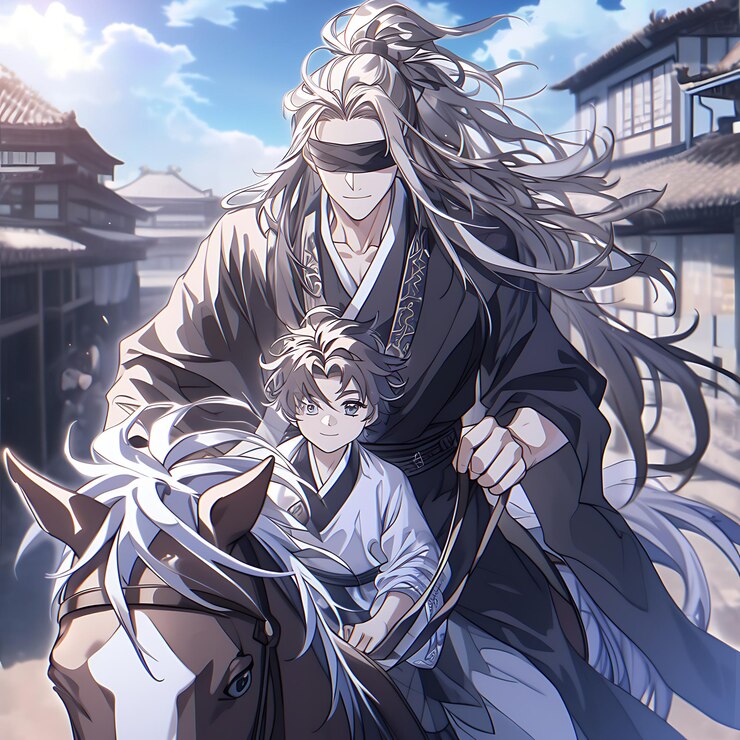 Foto imagem de anime de um homem montando um cavalo com uma criança nas costas