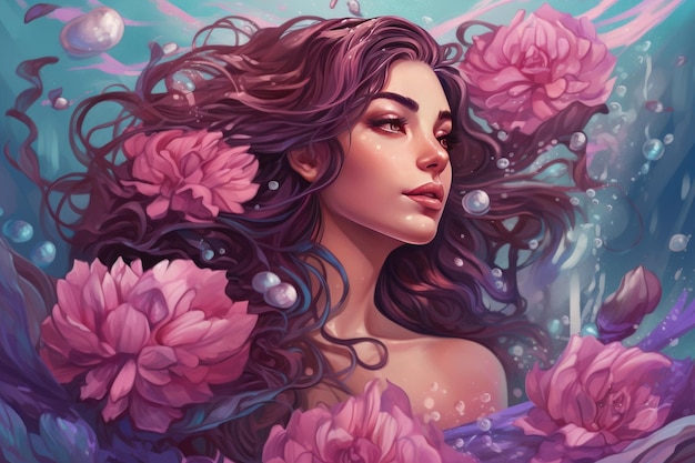 Imagem de anime de uma linda mulher usando IA generativa de flores rosa