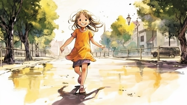 imagem de anime de uma menina correndo pela rua em um vestido amarelo generativo ai