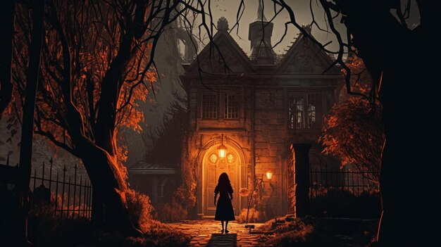 Foto imagem de arafed de uma mulher caminhando em frente a uma casa assustadora