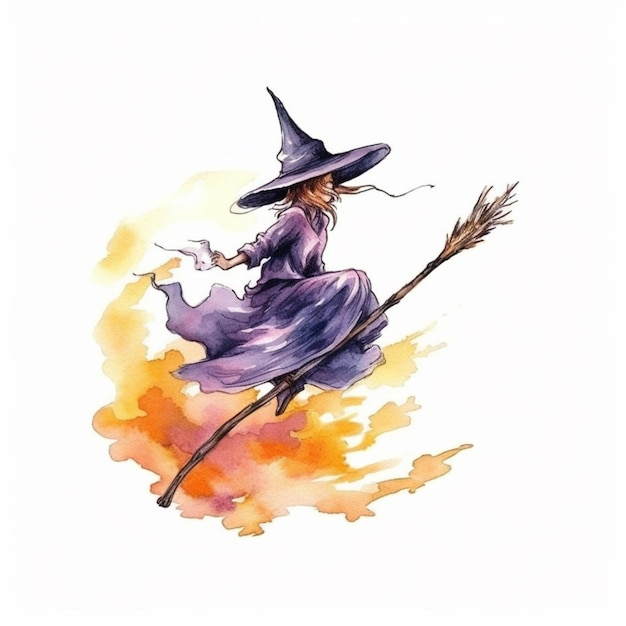 Imagem de Arafed de uma mulher em um traje de bruxa montando uma vassoura generativa ai
