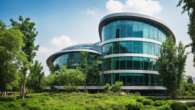 Imagem de arquitetura com um edifício de vidro moderno com muitas plantas verdes árvores e arbustos