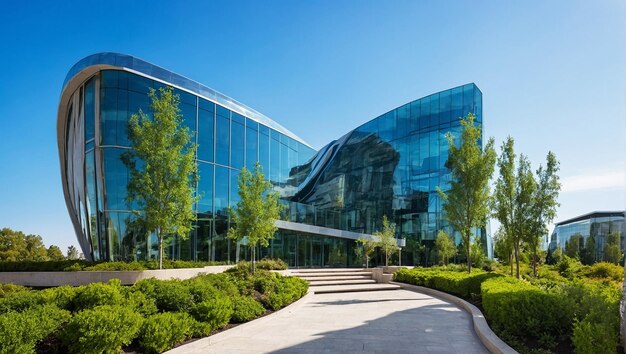 Imagem de arquitetura com um edifício de vidro moderno com muitas plantas verdes árvores e arbustos