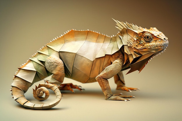 Imagem de arte de origami de papel Camaleão de papel feito à mão Réptil Ilustração animal generativa IA