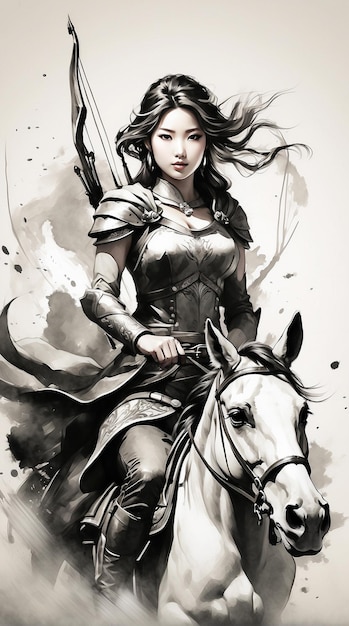 Imagem de arte de pincel de aquarela de uma jovem montando um cavalo e armada com um arqueiro