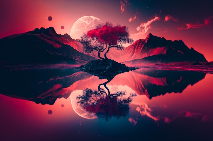 Foto imagem de árvore no meio de um lago com montanhas ao fundo generative ai
