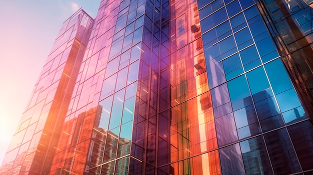 Imagem de baixo ângulo de estruturas altas típicas de torres de escritórios contemporâneas com fachadas de vidro conceitos de fundação financeira e econômica IA generativa