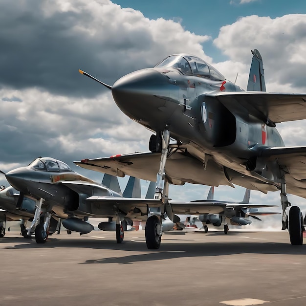 Imagem de baixo ângulo de uma série de aeronaves preparando um show aéreo sob o céu nublado de tirar o fôlego