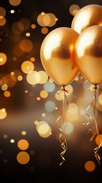 Foto imagem de balões dourados em fundo bokeh criando uma cena festiva e celebrativa vertical mobile