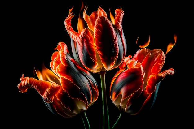 Foto imagem de belas tulipas flamejantes holi flores hd 4k fundo preto