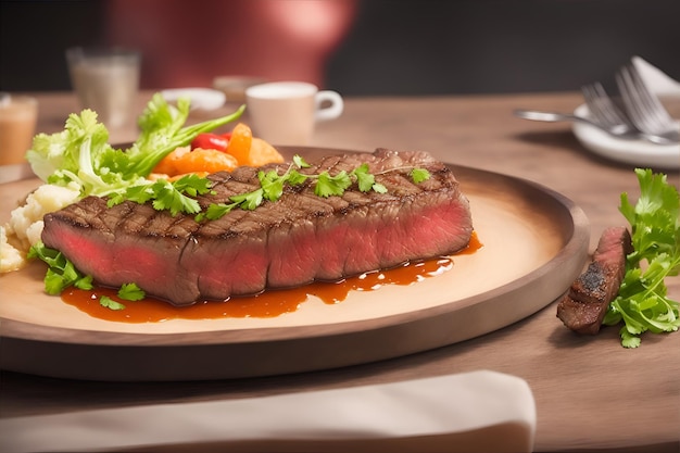 Imagem de bife na mesa parece deliciosa e tentadora gerada por IA