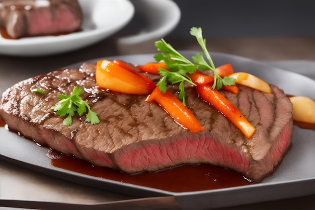 Imagem de bife na mesa parece deliciosa e tentadora gerada por IA