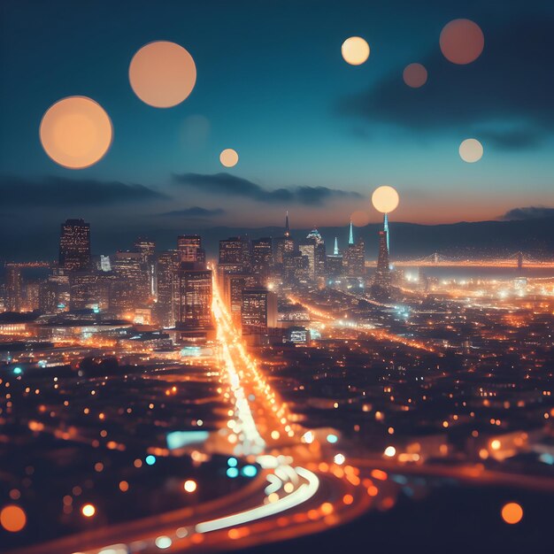 Imagem de Bokeh abstrato desfocado Fundo de luzes da cidade em noite nublada