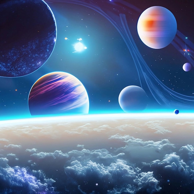 Imagem de cena espacial com planetas em primeiro plano e estrelas ao fundo