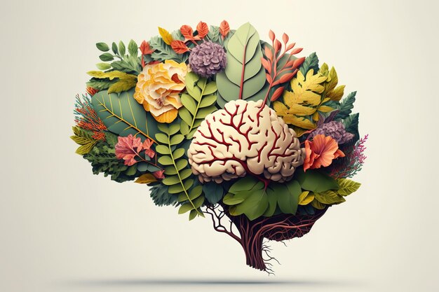 Imagem de cérebro humano feita de flores e folhas em um fundo limpo Ilustração IA geradora