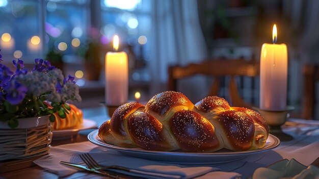 Foto imagem de chave baixa de shabbat challah pão shabbat vinho e velas em mesa de madeira