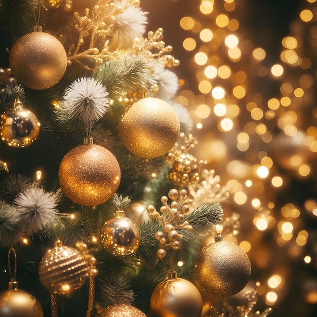 Imagem de close-up de árvore de Natal decorada com bolas de ouro em um fundo desfocado