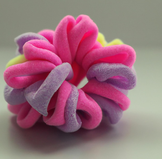 Imagem de close-up de scrunchie rosa roxo e amarelo em fundo cinza