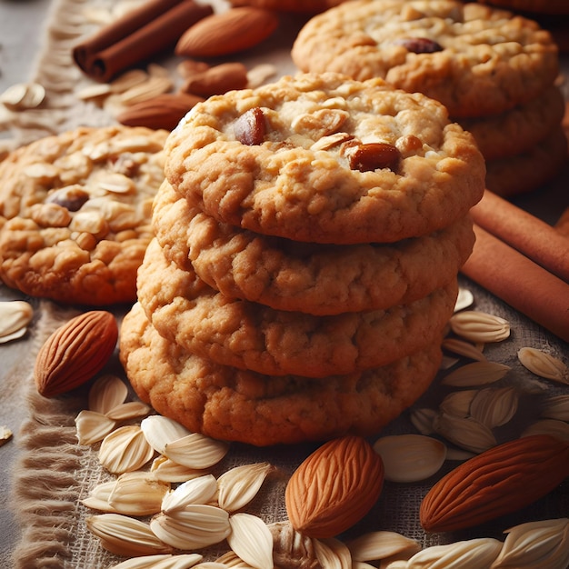 Imagem de close-up Foto de deliciosos e crocantes biscoitos de aveia com amêndoas