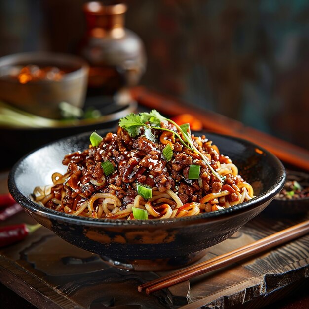 Foto imagem de comida chinesa que macarrão de pequim ou zha jiang mian e bom aplicar para o menu livro