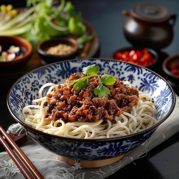 Foto imagem de comida chinesa que macarrão de pequim ou zha jiang mian e bom aplicar para o menu livro