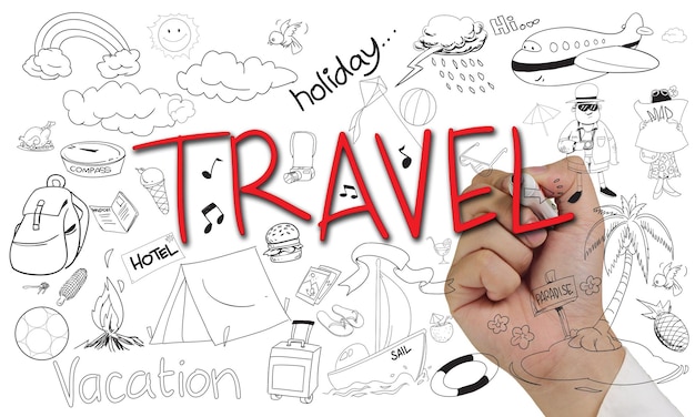 Imagem de conceito de férias de um marcador de mão e escrever doodle de viagem