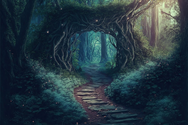 Imagem de conto de fadas com floresta de fadas, árvores altas e grama verde e um caminho misterioso, Generative A