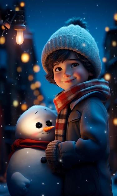 imagem de criança fofa brincando no desenho animado de neve