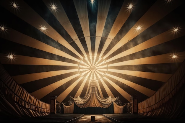 Foto imagem de dentro de um grande circo iluminado por lindas luzes em sua mais incrível apresentação