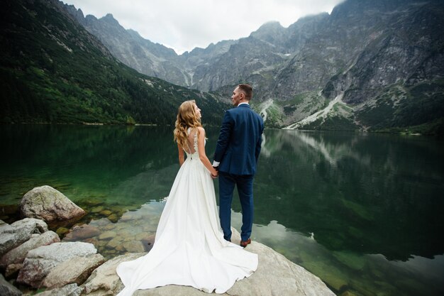 Imagem de desejo por viajar de casal de noivos (noivos) se casar nas montanhas na Suíça.