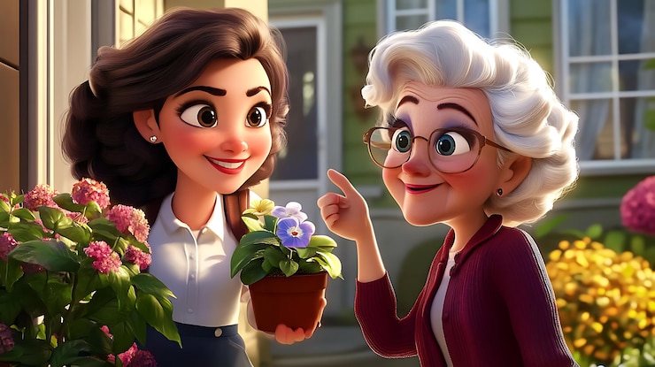 Foto imagem de desenho animado de uma mulher e uma mulher com óculos segurando uma planta em vaso