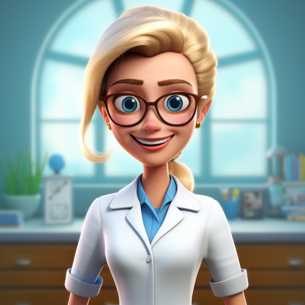 Imagem de desenho animado realista de uma enfermeira de reabilitação em casaco de laboratório