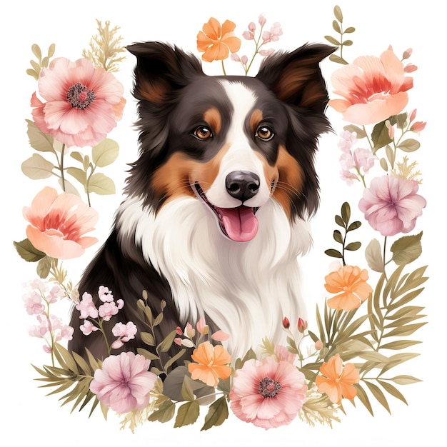 Imagem de desenho de padrão usando cão collie e flores e folhas Animais de estimação Ilustração Generative AI