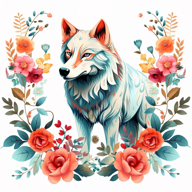 Imagem de desenho de padrão usando lobo e flores e folhas Animais selvagens Ilustração IA generativa