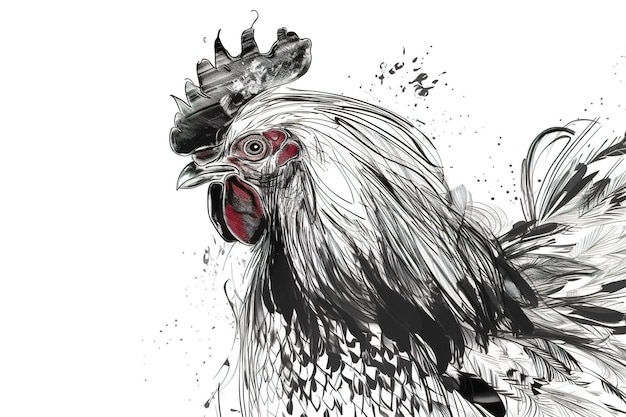 Imagem de desenho de uma linha de um galo com tinta em um fundo branco Animais de fazenda