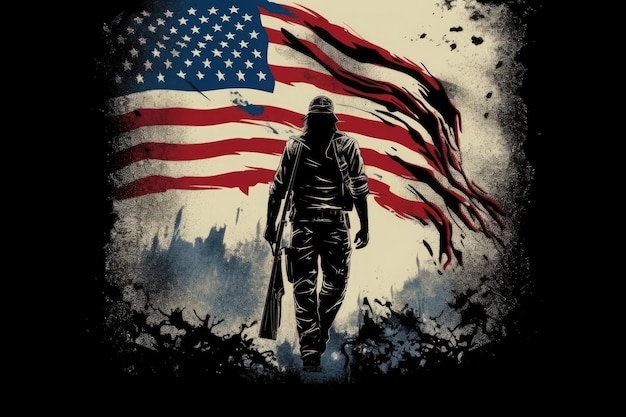 Imagem de design de camiseta de um veterano caminhando em direção a uma bandeira americana gerada por IA