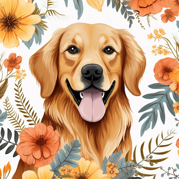 Imagem de design de padrão usando cachorro golden retriever e flores e folhas ilustração de animais de estimação IA generativa