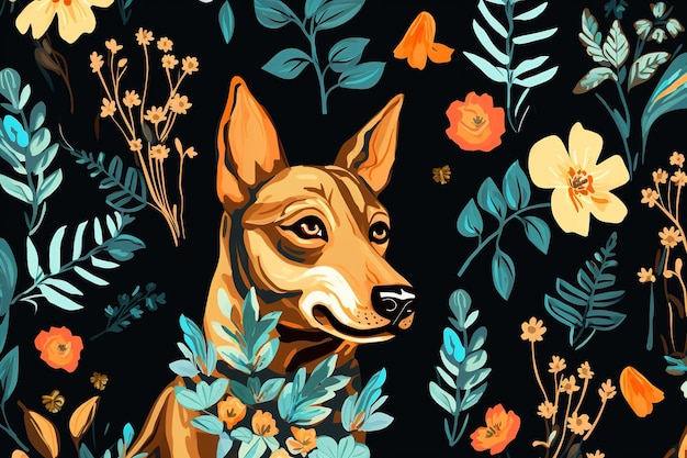 Imagem de design de padrão usando cão e flores e folhas Animais de estimação Ilustração IA generativa