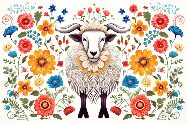 Imagem de design de padrão usando ovelhas e flores e folhas Animais de fazenda Ilustração Generative AI