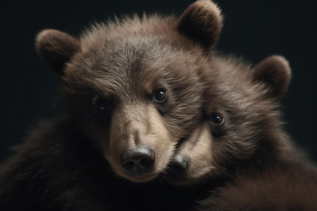 Imagem de dois filhotes de ursos bebês se aconchegando na ilustração de animais selvagens IA generativa