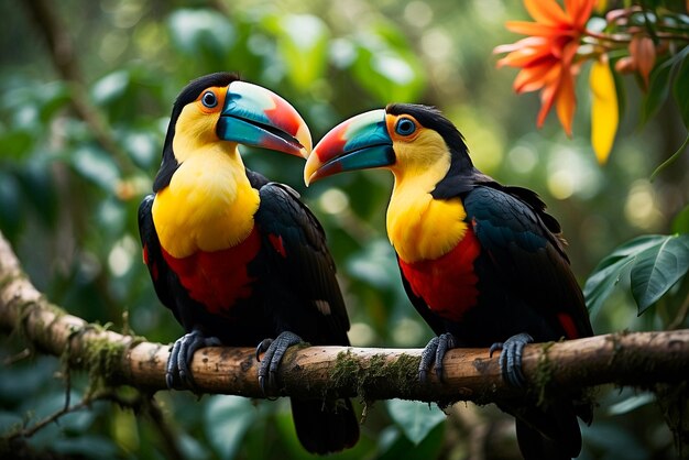Imagem de dois tucanos cercados pela densa flora de uma floresta tropical