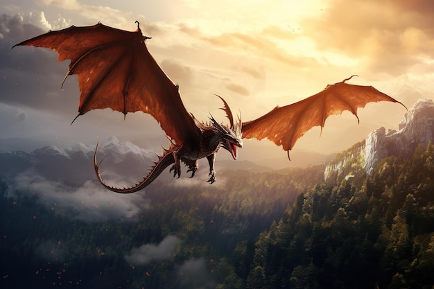 Imagem de dragão voando no céu Criaturas míticas Ilustração Generative AI