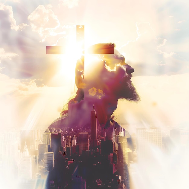 Imagem de dupla exposição de Jesus Cristo cruz cristã e arranha-céus