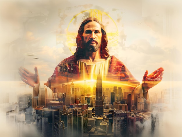Foto imagem de dupla exposição de jesus cristo e arranha-céus